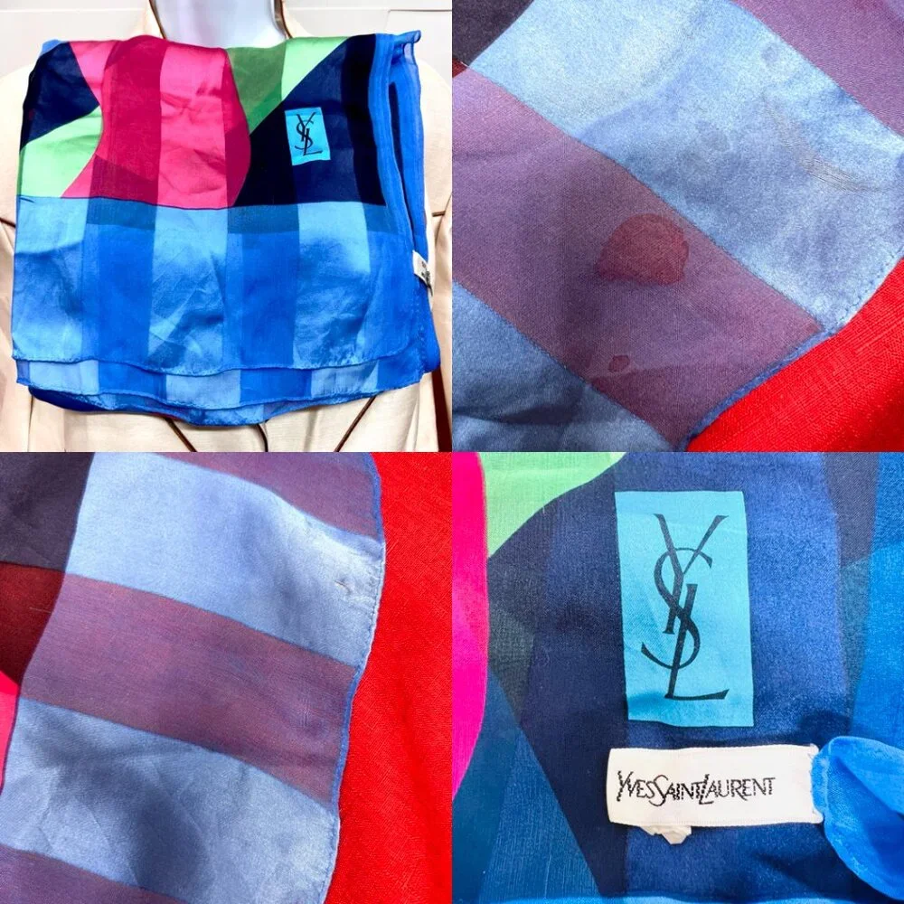 Vgt  Yves Saint Laurent 100% Silk Chiffon/Satin scarf 68x23 Black Red Green(33)